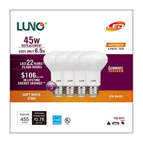 LUNO R20 Dimmable LED Bulb, 6.5W (45W Equivalent), 455 Lumens, 2700K (Soft White), Medium Base (E26), UL & ENERGY STAR (4-Pack)