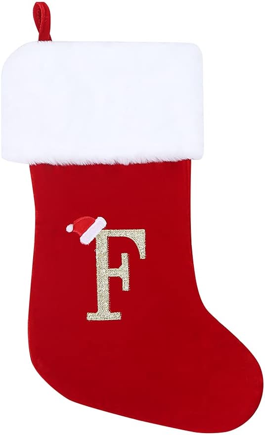 Stockings & Holders - CRSMHLPK 20 Inches Initial Christmas Stocking Monogram Embroidered Christmas Stocking Red Gray Velvet with White Super Soft Plush Cuffs Christmas Decorations Stocking C08-F-Red