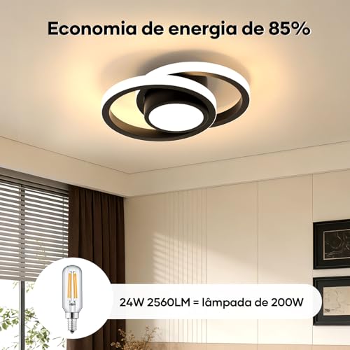 Trailabo Luminária LED de Teto, Luminária Redonda + Duas Fitas de Luz Circulares, Iluminação Ajustável em Três Cores, para Sala e Quarto, 3000-6000K (Preto)