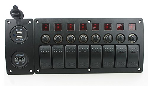 Iztor 8 Gang Waterproof Curved surface Switch Panel with red LED Indicators and 3.1A USB adapter voltmeter for Circuit Breaker with label stickers for Marine Boat Rv truck trailer - Thumbnail 2