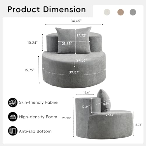 Accent Chair, Round Chaise Lounge Chair with Deep Seat, Modern Chenille Upholstered Lounge Chair, No Assembly Floor Sofa for Living Room Bedroom Apartment, 34.65 Inch Wide, Gray
