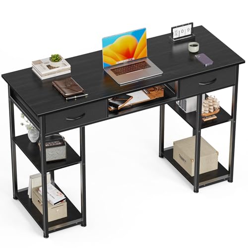 Sweetcrispy Computer Desk 48 Inch Home Office Bedroom Writing Study PC Table with Fabric Drawers Storage Shelves Space Side Bag Headphone Hook Metal Frame Adjustable Feet Modern Simple Style