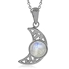 Natural Moonstone 925 Sterling Silver Filigree Crescent Moon Pendant w/18 Inch Chain Necklace