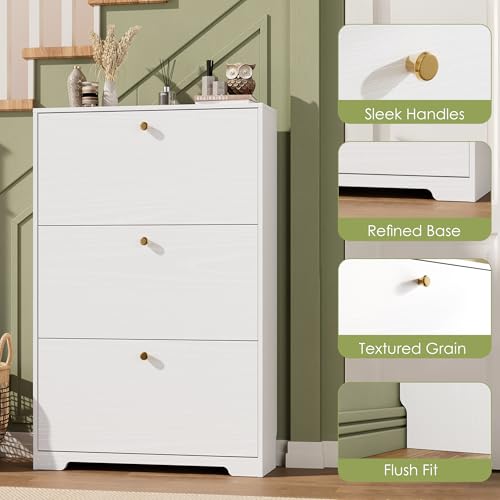 Nicetree Shoe Cabinet with 3 Flip Drawers, Narrow Shoe Organizer Cabinet, Freestanding Shoe Rack Cabinet, Morden Shoe Storage Cabinet for Entryway, Hallway, Foryer, White