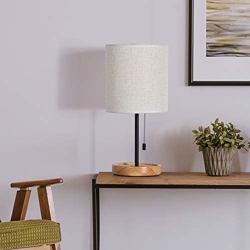 Modern Table Lamp, Nightstand Desk Lamp, Bedside Lamp with Wood Base and Linen Shade for Living Room, Bedroom, Office, College Dorm