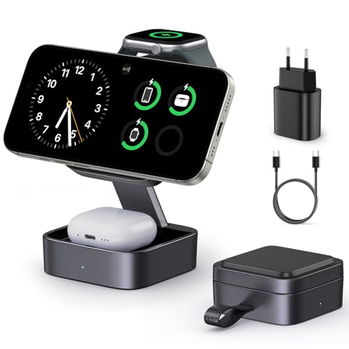 3-in-1 Charging Station for Apple, Magnetic Foldable Wireless Charger with Mag-Safe for iPhone 17e/17/16/15/14/13/12/Air Series, Apple Watch & AirPods Pro/4/3/2 with Quick Adapter