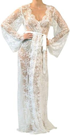 Combclub Women's Sexy Lace Cardigan Beachwear Long Robe Bikini Cover up Kimono Lingerie Sleepwear (White)