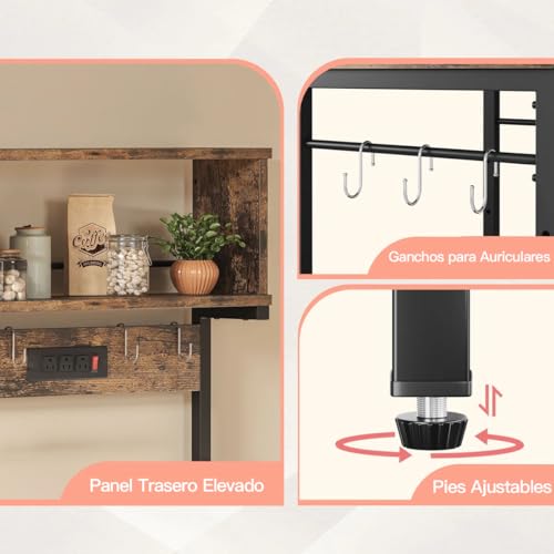YKSLZ Estante para Cocina de 5 Niveles, Estantes Organizadores con Enchufes y 6 Ganchos，Estante de Microondas, Mueble Multiusos de Cocina, Sala, Oficina, Industrial, café rústico y Negro