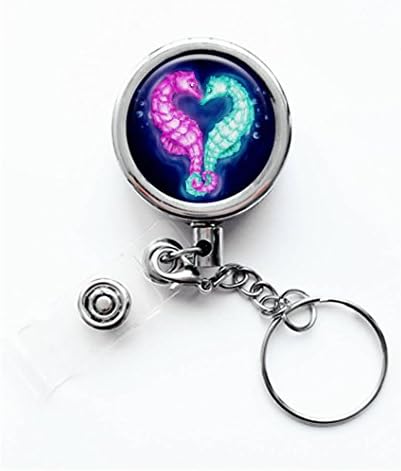 Luiy - Seahorses - Retractable ID Card Badge &amp; Key Reel, Custom Name Tag Badge Holder, Belt Clip, Metal