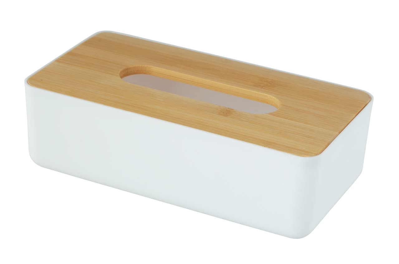 WENKO Rotello cosmetic tissue box, box for cosmetic tissues or handkerchiefs, plastic tissue box with bamboo lid, easy to remove, for storing standard cardboard boxes, 24 x 7.5 x 12.7 cm, white/nature