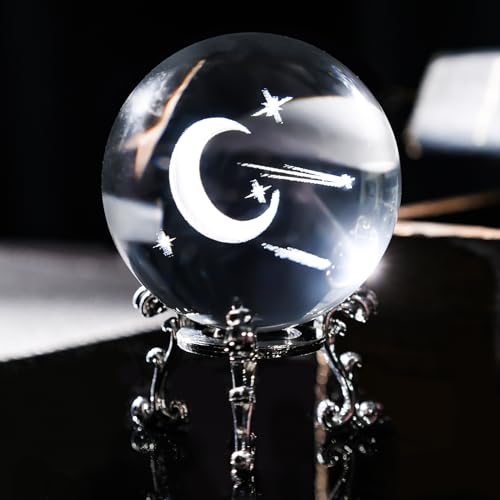 FUTUREPLUSX Crystal Ball with Stand, 3D Laser Crystal Ball Moon Glass Sphere for Birthady Gift Home Weeding Decor Crafts