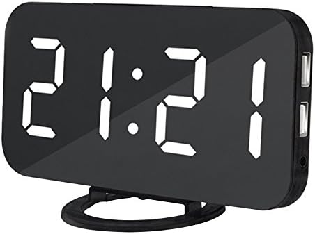Alarm Clock Digital Clock with Dual USB Port and Charger (6.22 x 2.17 x 3.43inch) Large LED Display Diming Mode Mirror Surface Table Clock for Bedroom Living Room Decor (Black Body White Numbers)