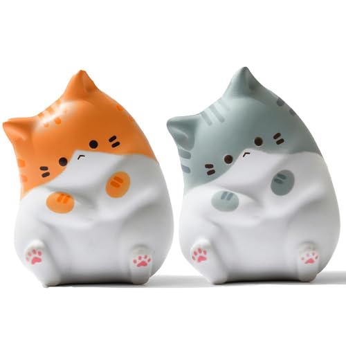 Cute Cat Stress Balls Squishy Toys, Foam Animal Shaped Stress Balls for Kids, Elastic Sensory Ball Party Favors, Comfort Items for Anxiety, Party Gift Basket Stuffers (Gray + Orange)