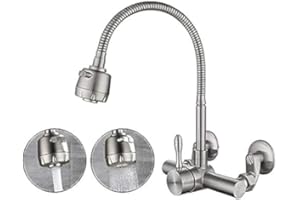 Wall Mounted Kitchen Faucet, Adjustable 3" to 9" Spout, Stainless Steel Lead-Free Faucet with Ceramic Valve and Bubbler for K