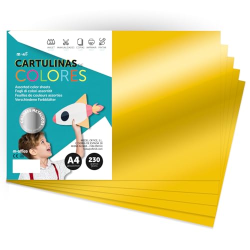 Metallic Coloured Cardstock, DIN A4 (21 x 29.7 cm) Coloured Card Stock 230 g for Crafts, Creative Designs and Art Projects, Reflective Shine · m-Office (50 Sheets, Gold)