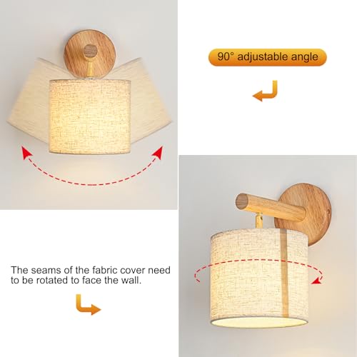 Gleonlux Vintage Interior Wall Light, Industrial Wood Wall Light E14, Retro Wall Lamp Fabric Lampshade, Sconces for Bedroom, Hallway, Living Room, Stairs, Bulb Not Included, Linen