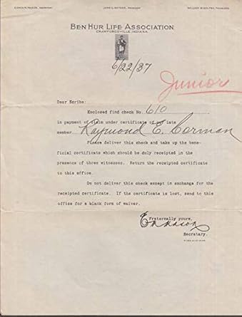 Ben Hur Life Insurance Assocation Crawfordsville In Claim Letter 1937 At Amazon S Entertainment Collectibles Store