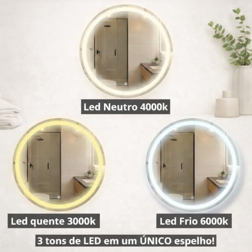 Espelho Redondo 3 Cores de LED e Touch Screen - Vários tamanhos - Decorativo Lapidado Iluminado Luxo (90x90cm)