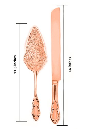 Strova Rose Gold Wedding Cake Knife and Server Set | Vintage Bride and Groom Utensils | Elegant, Memorable Keepsakes | Engravable Plating | Party, Anniversary or Receptions (Rose Gold Plated)