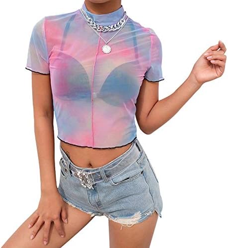 Women's Sheer See Through Crop Top Long Sleeve Angel Print High Neck Sexy Mesh Shirt Blouse