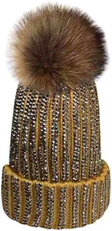 XWDA Women's Crystal Knitted Raccoon Fur Double Pom Beanie Hat Ski Cap