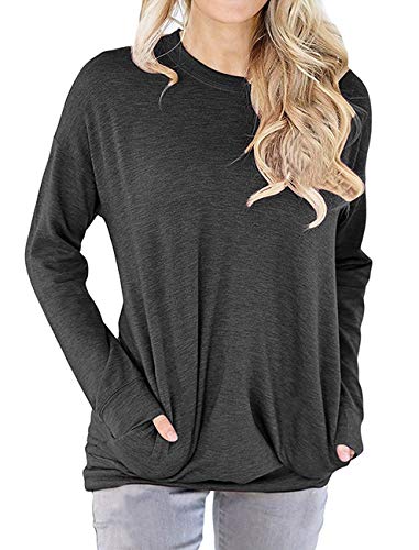 Dutebare Women Long Sleeve Round Neck Sweatshirt Loose Tunics Shirts Casual Blouses Tops With Pocket, Black Grey, M