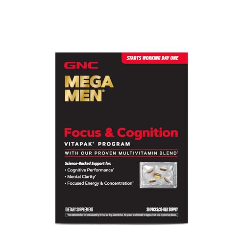 GNC Mega Men Focus and Cognition Vitapak Program, Convenient, Complete Nutrition, 3 Products in 1 Packet, Clarity, Focus, Energy, Concentration, Works on Day One, 100mg Caffeine, 30 Daily Packs