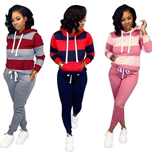 Women 2 Piece Sport Outfit Set Striped Long Sleeve Hoodie Sweatshirt Bodycon Pants Tracksuits Navy