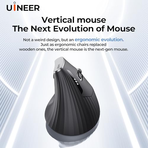 Uineer Wireless Ergonomic Mouse, Bluetooth Mice (BT4.0/5.0 and 2.4G) Rechargeable Vertical Mouse, 3 Multi-Device Connectivity for PC/Mac/Laptop/Computer, 4 DPI Quiet Clicks for Office, Home-Black