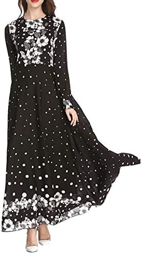 Women Kaftan Muslim Robe Elegant Maxi Dress - Floral Printed Loose Abaya Dress Ramadan Arab Long Gown Jalabiya Islamic Clothes for Ladies Black