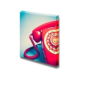 Canvas Prints Wall Art - Red Rotary Telephone on Blue and White Background | Modern Wall Decor/Home Decoration Stretched Gallery Canvas Wrap Giclee Print. Ready to Hang - 12" x 12"