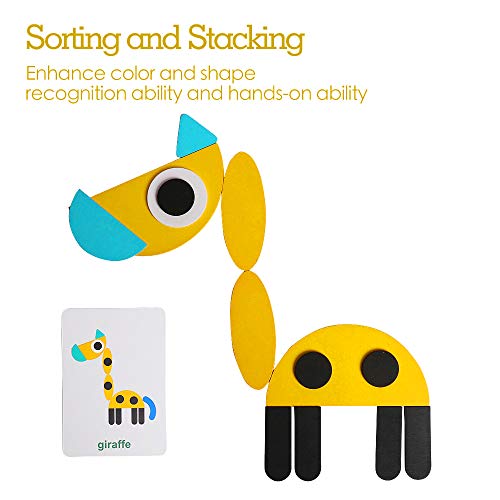 JCREN Wooden Pattern Blocks Animals Jigsaw Shape Puzzle Travel Sorting and Stacking Games Montessori Educational Toys for Toddlers Kids 2+ Years Old (36 Shape Pieces and 60 Design Cards in Iron Box
