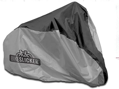 BIKESLICKER Heavy Duty 210D Large Oxford Bike Cover | 80 x 27.5 x 37.5” Strong, Durable &amp; Waterproof Polyester Outdoor Bicycle Cover with Elastic Hem &amp; Storage Bag (1 PC, Black &amp; Silver)