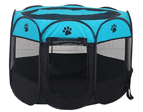 Pet Foldable Tent Playpen Portable Dog Fence Kennel Cage Crate Exercise Removable 8-Panel Kennel Mesh Shade Cover Indoor/Outdoor For Puppy Cats And Animals (Blue)