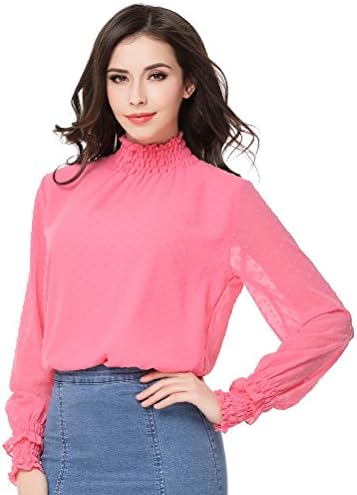 Glorria Women's Elegant Thin Chiffon Blouses Turtleneck Long Lantern Sleeve Tops Wear to Work Casual Fashion Hot Pink Shirts