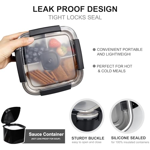 Greentainer Lunch Box 1500 ml 3 Removable Compartments, Fork + Dressing 2oz, Leakproof, BPA Free, Microwave Safe (No Lid), for Work, Picnic, Travel (Black)