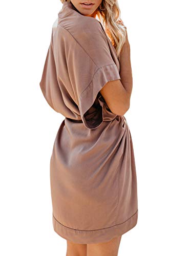 Elapsy Womens Summer Casual V Neck Batwing Sleeve Loose Kimono Boho Shift Dress for Juniors Apricot Small - Thumbnail 2