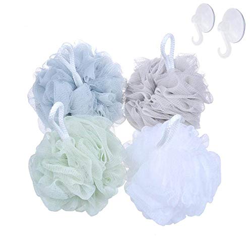 4 Pack Bath Loofahs Sponge Shower Pouf Body Scrubber Ball Mesh Pouf Bath Sponge Exfoliating Body Brush Pouf Large 60g Mesh Pouf Soft Scrubber for Men and Women with 2 Pack Hanging Hooks