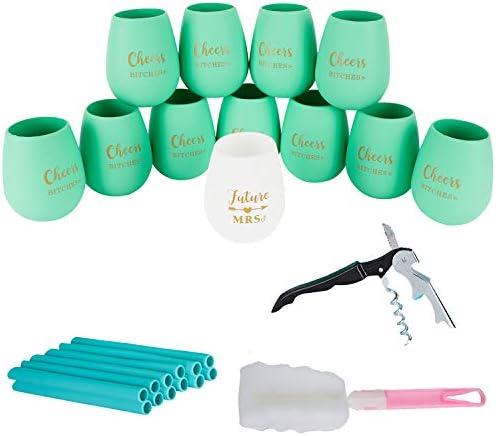 Set of 12 Bachelorette Party Silicone Cups - 1 Future Mrs Cup 11 Cheers Bitches Cups Bridesmaid Wedding Gifts Tumbler for Beer Beverage with 1 Brush 1Bottle Opener 12 Silicone Straws