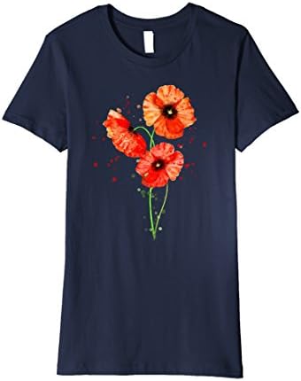 Womens Red Poppies Water Color Flowers T-Shirt Large Navy