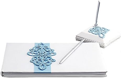 White Satin Wedding Guest Book and Pen Set with a Teal Scroll Design