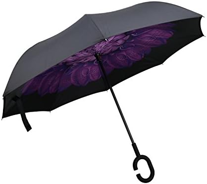 WINHI Double Layer Inverted Umbrella Cars Reverse Umbrella Waterproof Windproof UV Protection Big Straight Travel Umbrella for Car Rain Outdoor with C-Shaped Handle (Violet Flower)