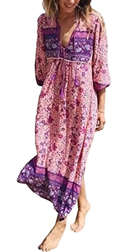 R.Vivimos Women's Long Sleeve Floral Print Retro V Neck Tassel Bohemian Midi Dresses (Medium, Pink)