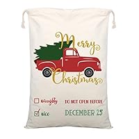 Red Truck with Christmas Tree - Large Christmas Bag Santa Sack ~ Eco Friendly Reusable Cotton Design - Gift Bags Storage Size XL 27" x 19" - Drawstring Closure Sacks by Jolly Jon ®