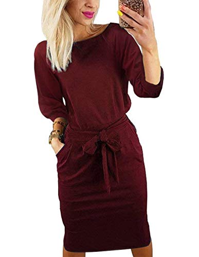 Womenâ€™s Work Pencil Midi Dress Autumn Cotton Long Sleeve Elegant O-Neck Club Dress with Pockets