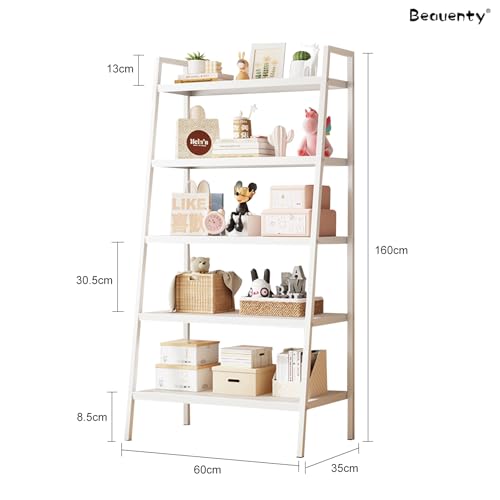 Beauenty Ladder Shelf, 5 Tier Bookshelves Bookcase, Corner Storage Racks, Freestanding Shelf Organizer for Living Room, Bedroom, Kitchen, Bathroom, Metal Frame (White)
