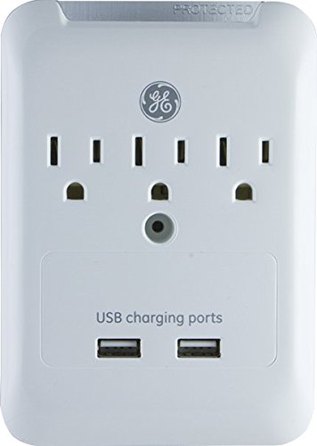 GE 2 USB 3 Outlet Surge Protector Outlet Adapter, 2.4A USB Ports, Charging Station Wall Tap, 540 Joule, Protected Indicator LED, 3 Prong, UL Listed, White, 33646