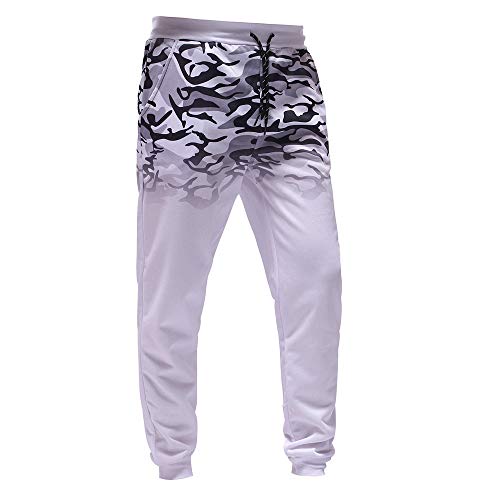 ANJUNIE Men Outdoor Trousers,Packwork Camouflage Black Splicing Drawstring Sport Pants(White,XL)
