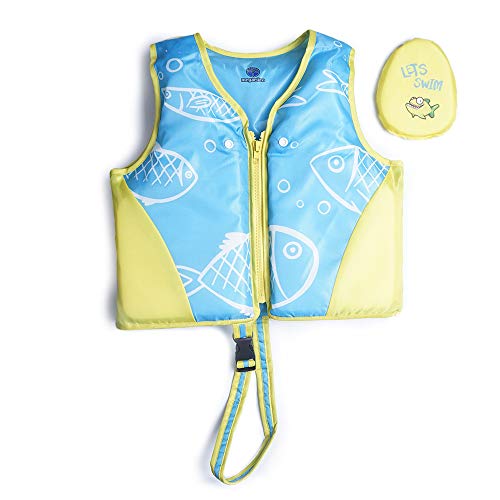 Megartico Swim Float Vest Kids Childrens Swimming Jacket Buoyant Aid with Zipper Cover (Blue/Yellow Bubble Fish, Medium)