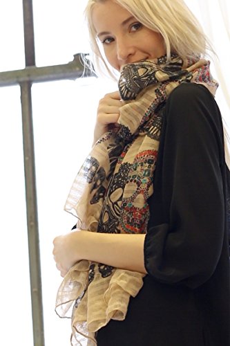Humble Chic Sugar Skull Scarf - Long Oversized Lightweight Printed Shawl Wrap, Ivory, Off-White - Thumbnail 6